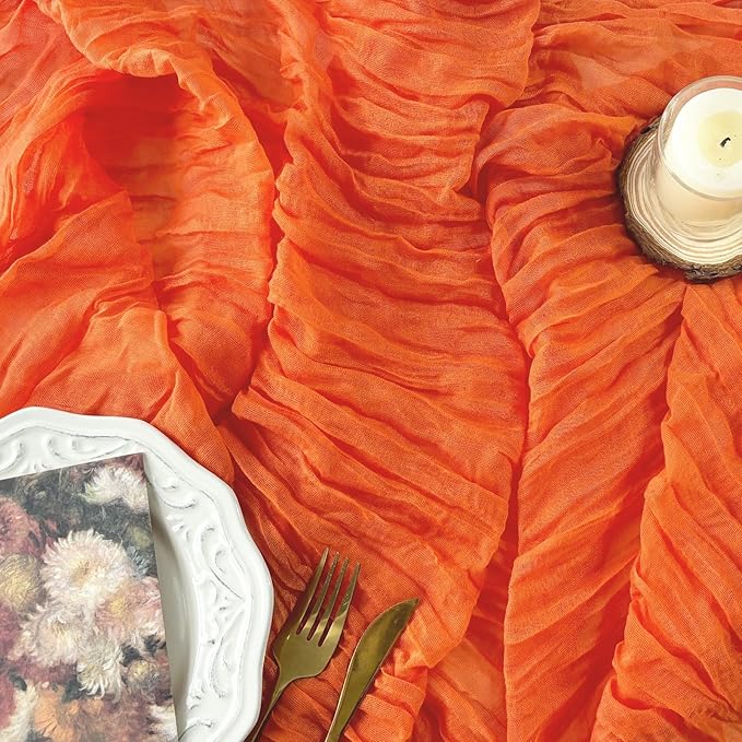 FEXIA Fall Table Runner Orange Cheesecloth 35x120 Inches Boho Gauze Table Runner Burnt for Wedding Decor Reception Bridal Shower Centerpiece Engagement