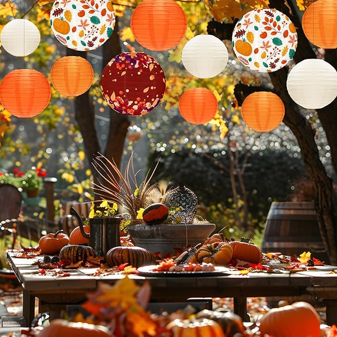 12 Pcs Fall Paper Lanterns Thanksgiving Orange Paper Lanterns Party Decorations, Maple Leaves Paper Lanterns Harvest Decorations for Autumn Birthday Party Indoor Outdoor Decor