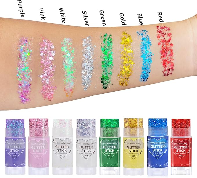 Purple Hair Glitter Stick for Kids,Mardi Gras Outfit for Women,Waterproof Mermaid Body Face Glitter Makeup,Mardi Gras Accessories Chunky Sequins,Halloween Glitter Body Paint for Carnival Festival