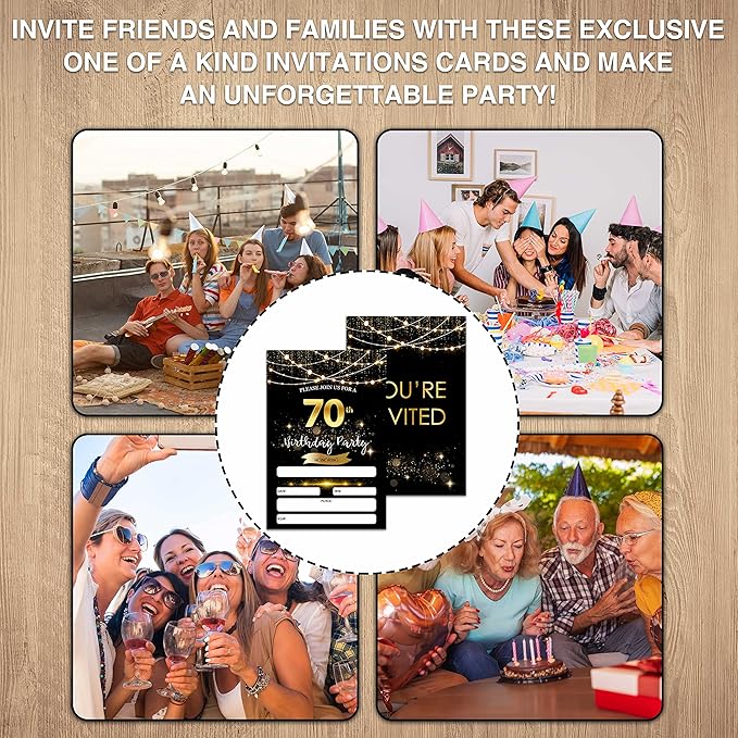 70th Birthday Invitations with Envelopes - Black Gold Glitter Fill-in Invites Cards - Surprise Birthday Party Invitation Card for Him/Her - Adults Birthday Party Favors Supplies Decorations (20 Pack)