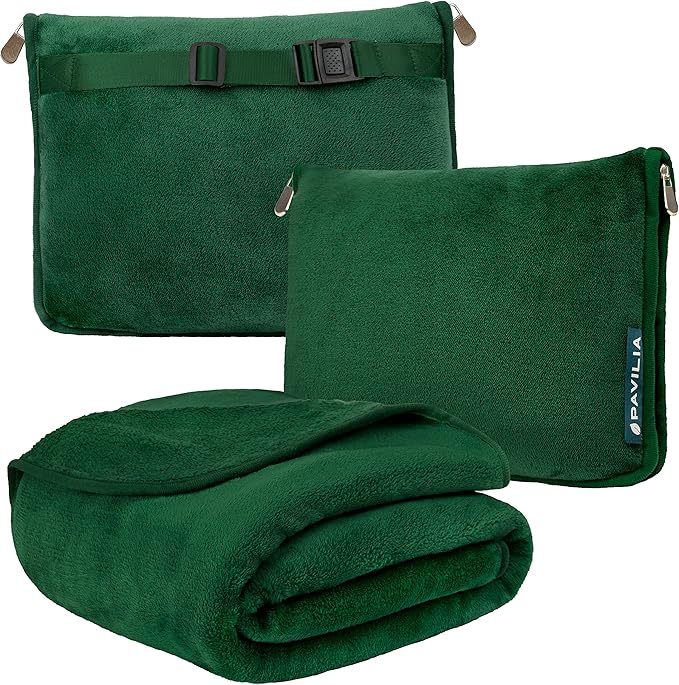 PAVILIA Travel Blanket Pillow, Soft Airplane Blanket 2-in-1 Combo Set, Plane Blanket Compact Packable, Flight Essentials Car Pillow, Travelers Gifts Accessories, Luggage Backpack Strap, 60x43 Green