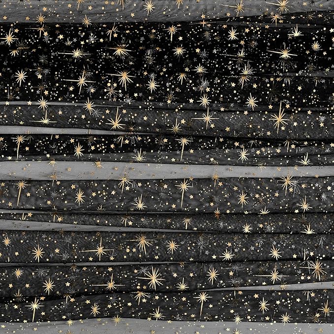 Horaldaily Black Gold Sparkling Star Gauze Tablecloth 60x60 Inch Square, Golden Star Sequin Glitter Metallic Foil, Sheer Tulle Cheesecloth for Wedding Baby Shower Party