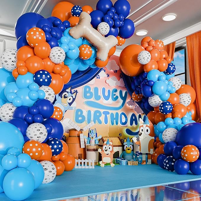 ALL-IN-1 Balloons Arch & Garland Kit with BONUS Dog Bone Small and Large Blue & Orange Party Balloons Blue Themed Party Decorations & Supplies for Boy or Girl Birthday