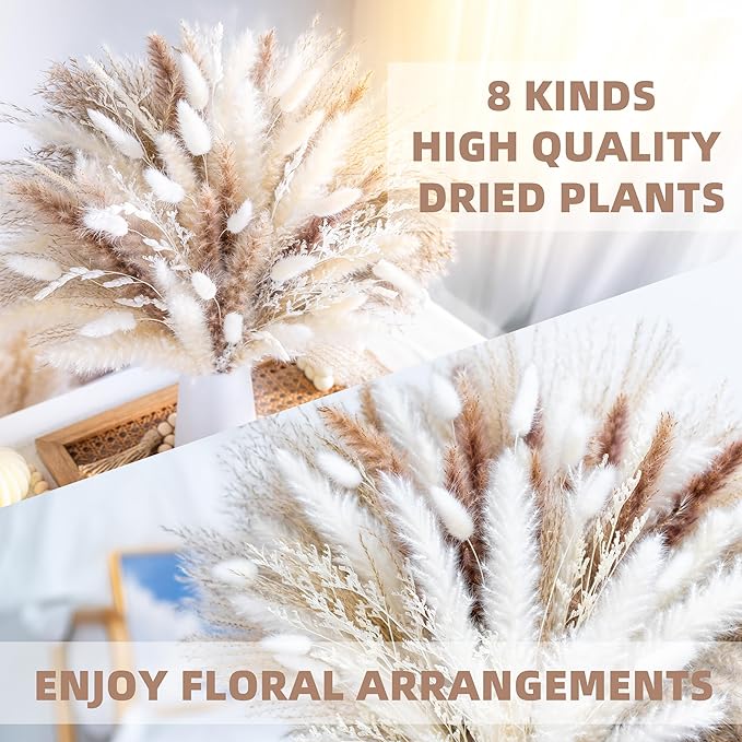 96PCS Natural Dried Pampas Grass Boho Home Decor Bouquet Phragmites Dried Flowers Bouquet for Wedding Floral Arrangements Living Room Decorations (96PCS)