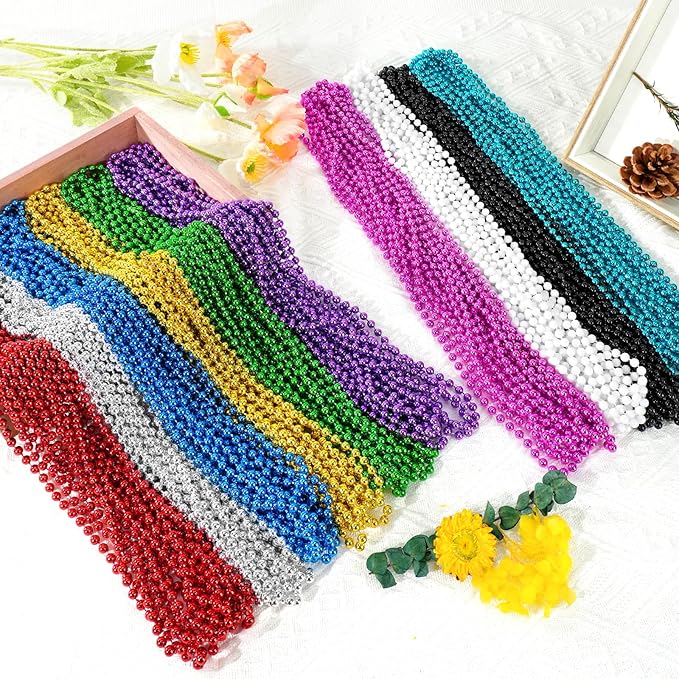 100 PCS Mardi Gras Beads Necklaces, 10 Colors 33 Inch Colorful Bead Necklaces Bulk Party Beads Necklace Round Beaded Necklaces for Mardi Gras, St. Patrick's Day, Christmas, Carnival Party Favor
