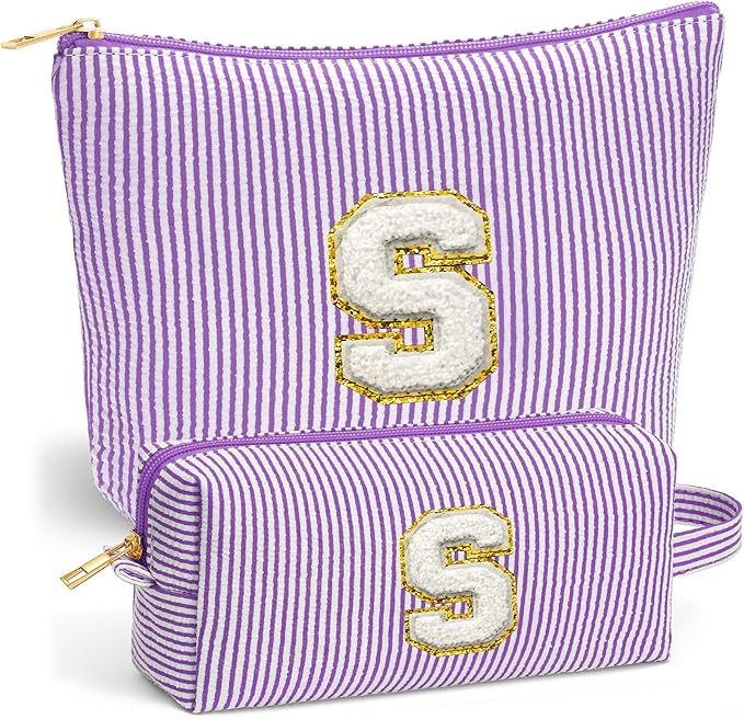 Travel Cute Makeup Bag Set - Make up Cosmetic Bag for Women, Small Makeup Bag for Purse Makeup Kit | Purple Stuff Birthday Gifts for Women Travel Essentials, Purple Letter S