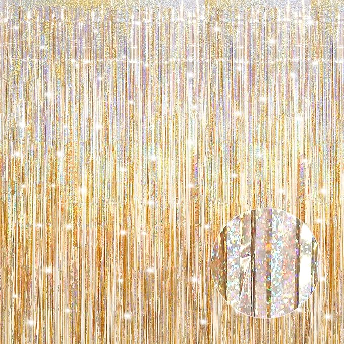 Crosize 2 Pack 3.3 x 9.9 ft Laser Champagne Gold Foil Fringe Curtains Party Decorations,Tinsel Curtain Backdrop for Parties, Door Streamers, Glitter Streamer Backdrop for Birthday Decoration