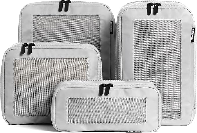 Aerotrunk Compression Packing Cubes for Travel - Luggage Organizer Bags - Double Zipper Packing Cubes for Suitcases (4-Pack, Light Grey)