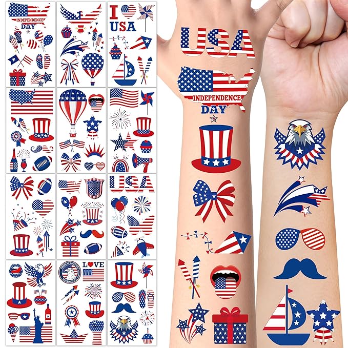 106 PCS 4th of July Tattoos, Fourth of July Tattoos for Kids, Patriotic Temporary Stickers, American Flag Red White Blue Decor for Independence Day Accessories Decoration Supplies Favors