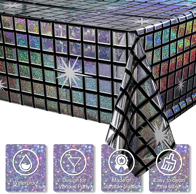 6 Pack Disco Tablecloth Party Decorations, Shiny Iridescent Disposable Laser Rectangle Table Covers, Silver Holographic Plastic Table Cloth for 70s Disco Birthday Theme Party Decorations, 39 x 108Inch