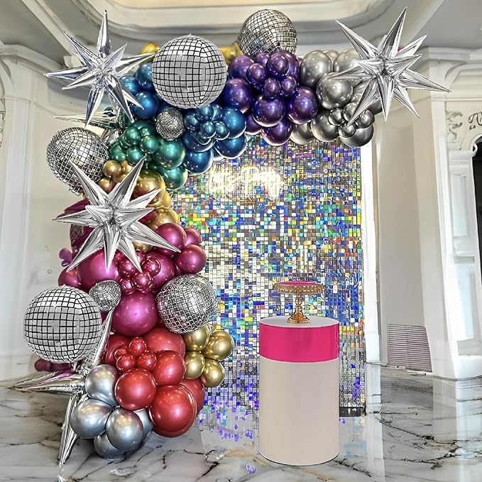 Inflatable Disco Ball Balloons Pack of 14 - 22” Silver Mylar Foil Disco Party Balloons with Star Balloons, Ribbon & Pipe for New Year's Disco Ball Decorations Party, Bachelorette, Birthday Décor