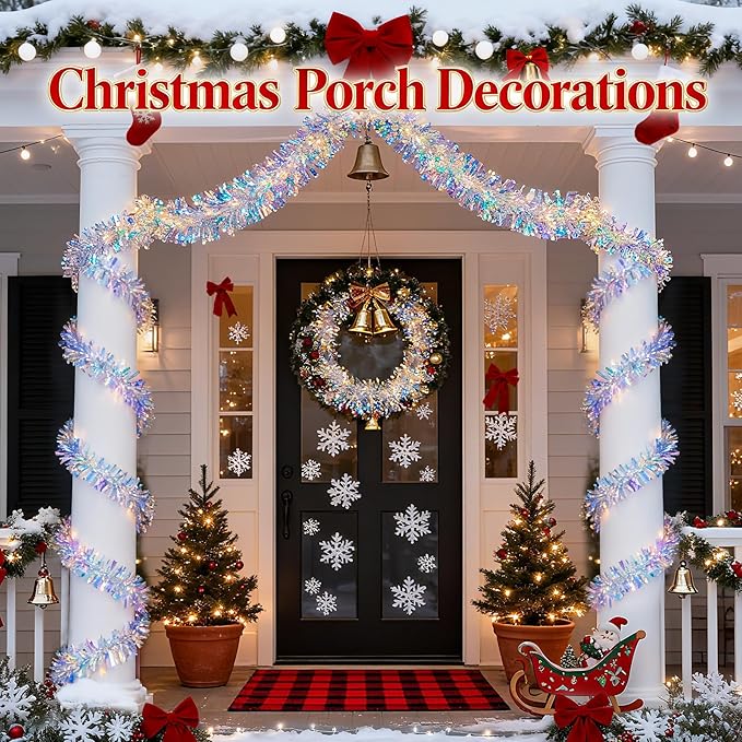Christmas Garland with Lights, 2 Pack 16.4FT Iridescent Tinsel Garlands Battery Operated & USB, Shiny Foil Garland Indoor Hanging Home Decor, Garland for Birthday Holiday New Years Eve Party Supplies