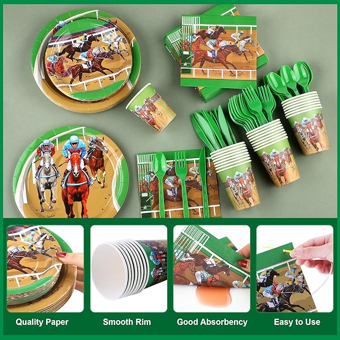Kochorie 196 Pieces Horse Racing Tableware Set Include Disposable Plates Cups Napkins Banner Plastic Tablecloth Cutlery for Horse Racing Party Supplies, Serve 24 Guests