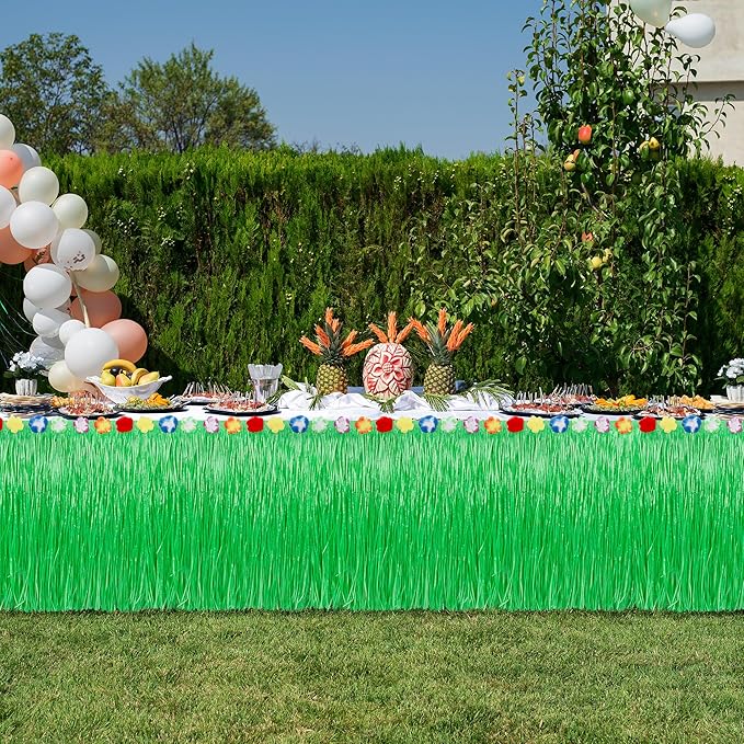 Hawaiian Party Table Skirt Decorations, 2PCS Green Luau Party Table Skirt Decorations, 108 X 29.5" Grass Skirts Luau Party Favors, Luau Table Skirt for Summer Tropical Hula Parties Decor Accessories