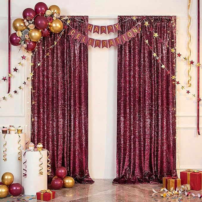 QueenDream Burgundy Red Sequin Backdrop for Wedding - Sequin Curtains 4 Panels 2x8FT Glitter Drapes Fabric for Sparkly Birthday Party Valentine's Day Decorations