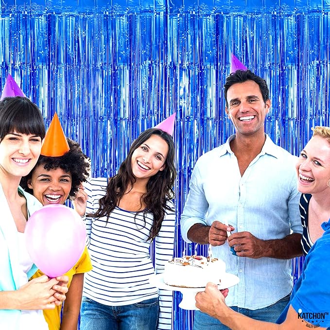 KatchOn, Metallic Blue Backdrop Curtain - Pack of 2 | Blue Streamers for Royal Blue Party Decorations | Foil Fringe Streamers for Under The Sea Party Decorations, Mermaid Bachelorette Decorations