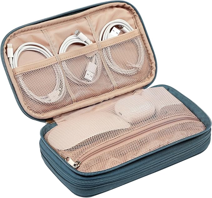 NISHEL Travel Cord Organizer Case, Double Layers Tech Electronic Bag, Essentials for Charger, Cable, Phone, Flash drive, Medium, Lake-Blue