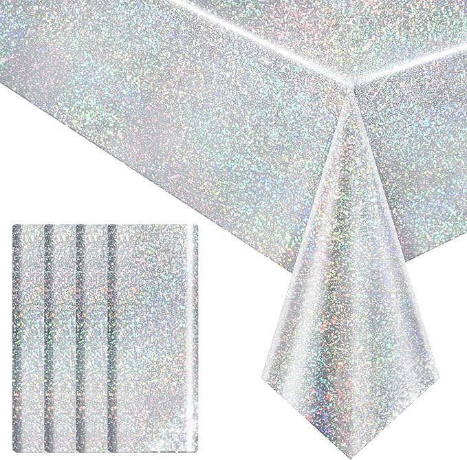 4 pcs Silver Holographic Tablecloths Shiny Disco Laser Table Cloths 40" x 108" Iridescence Plastic White Table Cover for Birthday Party Decoration Wedding Christmas Winter Grad Party Supplies