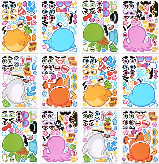 JOYIN 24PCS 9"x6" Make a face Stickers for Kids, Make Your Own Ocean Animal Stickers, Sea Party Favors Kids Crafts, Goodie Bags Stuffers, Classroom Rewards