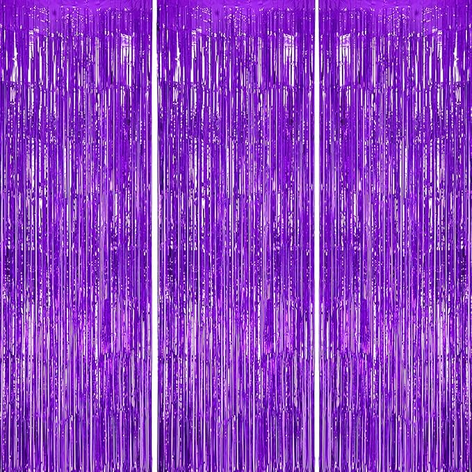 3 Pack Foil Fringe Backdrop - Purple Shiny Tinsel Curtains for Party Decoration/Photo Booth Props - 3.3x8.2 FT Metallic Foil Backdrop for Birthday, Wedding, Graduation, Christmas.