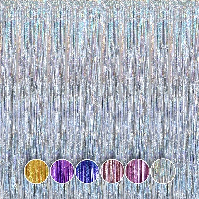 QRabbit 4 Pack Foil Curtain Backdrop, Silver Metallic Tinsel Foil Fringe Curtains, Party Streamers for Birthday Graduation Engagement Wedding Baby Shower Christmas Party Decorations