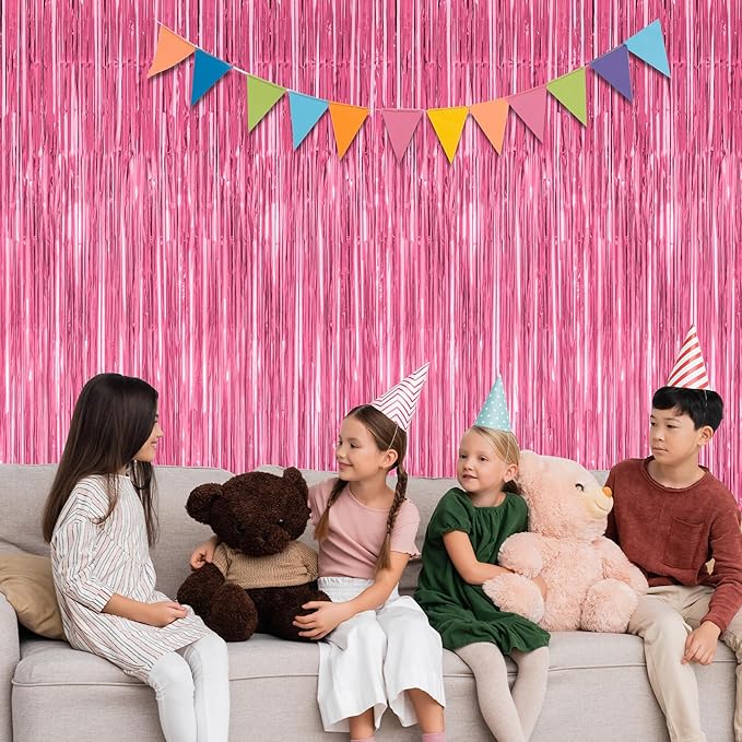 2 Pack Pink Party Decorations, 3.28 FT x 7.05 FT Pink Backdrop, Metallic Tinsel Backdrop Fringe Curtains Backdrop Curtains, Photo Backdrop Party Supplies Birthday Party Decorations
