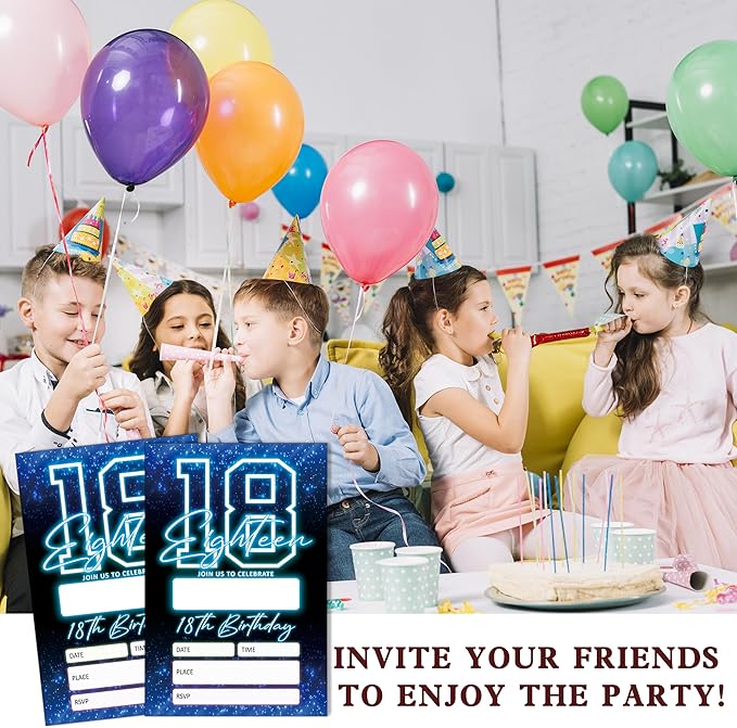 SIXEIGHT Blue 18th Birthday Invitations for Boys, Neon Glow Party Invitations for Girls Kids, 20 Pack Double Sided Invite Cards with Envelopes, 18th Glow Neon Birthday Party Decorations, 4x6 Inch-C51