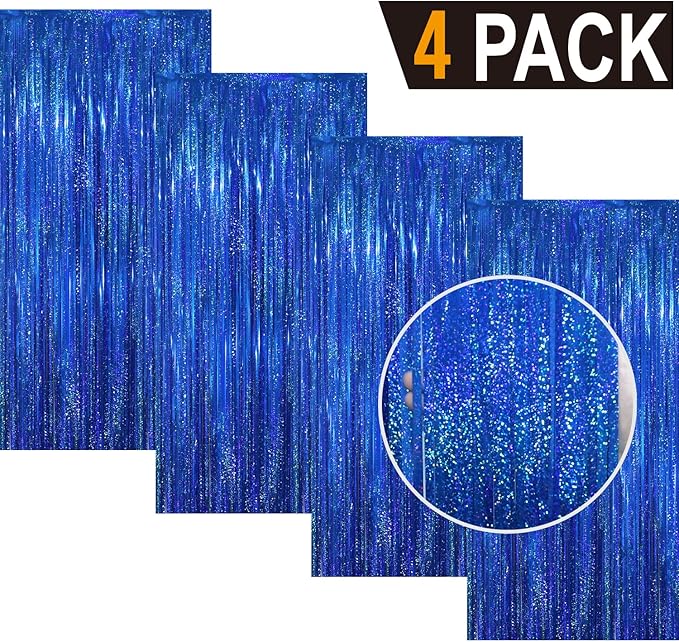 GOER 3.2 ft x 8.2 ft Metallic Tinsel Foil Fringe Curtains Party Photo Backdrop Party Streamers for Birthday,Graduation,New Year Eve Decorations Wedding Decor(4 Packs,Shiny Blue)