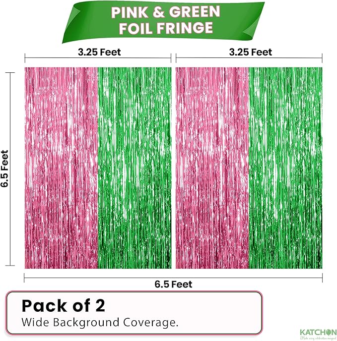 KatchOn, XtraLarge Green and Pink Fringe Backdrop, Pack of 2 - Streamer Backdrop for Flamingo, One in A Melon Party Decorations | Pink and Green Party Decorations | Princess Birthday Decorations