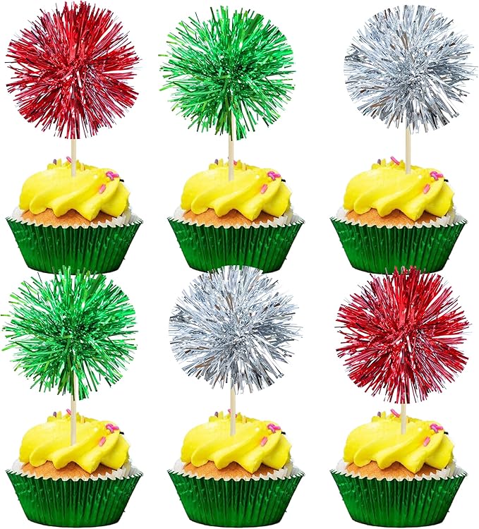 Gyufise 30Pcs Foil Firework Cupcake Toppers Sparkle Tinsel Cake Toppers Tinsel Drink Cake Decoration Cocktail Picks for Birthday Wedding Graduation Party Supplies Silver Green Red