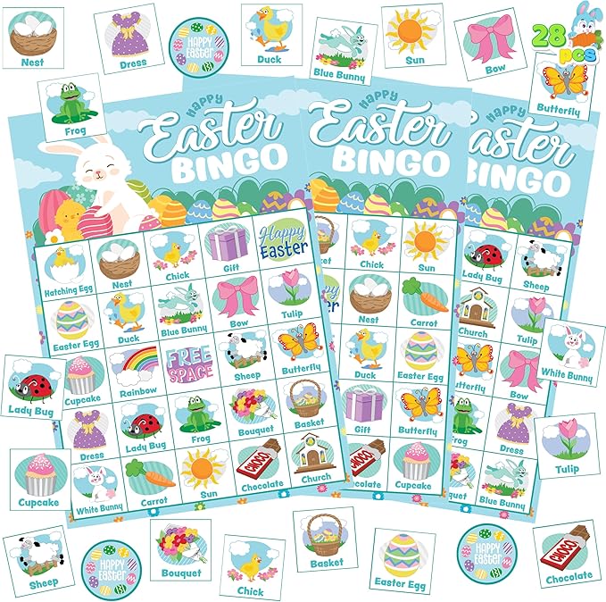 JOYIN 28 Players Easter Bingo Card (5x5) with Blue Color for Kids, Boys, Girls and Adults, Easter Games, School Classroom Activities and Easter Basket Stuffers