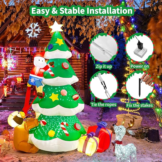 BOHON 7.9 FT Inflatable Christmas Tree Decorations Outdoor, Built-in Rotated Snowflake Light and LEDs, Blow Up Yard Christmas Tree with Santa Claus Dog Gift Boxes Inflatables for Indoor Xmas Decor