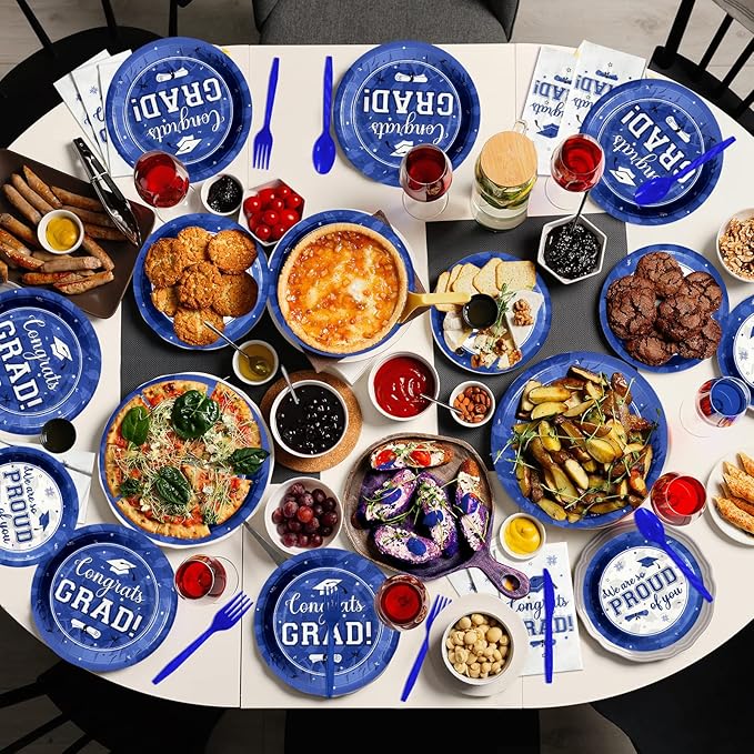 Graduation Party Supplies Congrats Grad Plates and Napkins Set Disposable Tableware Paper Plates Napkins Cups Knives Spoons Forks Straws for Class of 2026 Graduation Party Decorations Serve 25 (Blue)