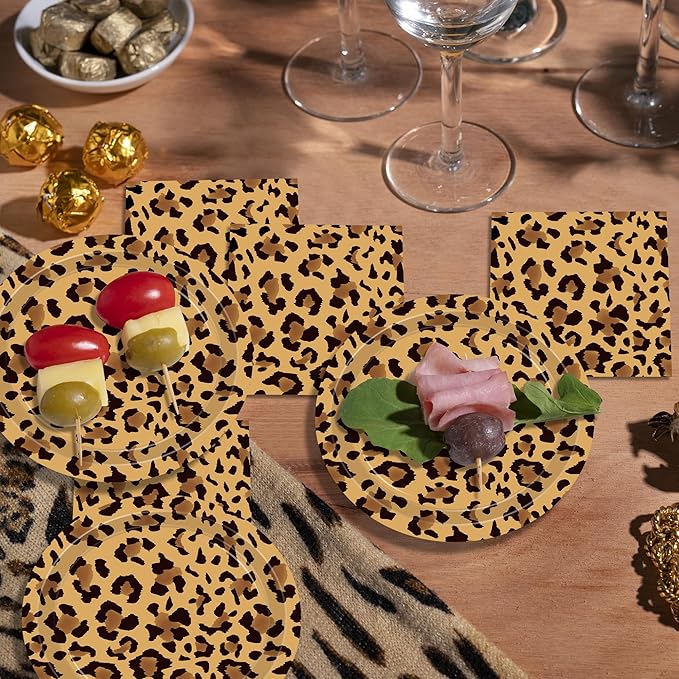140PCS Leopard Print Party Decorations,Jungle Animal theme Decorations Include Tableware, Plate, Cup, Napkin, Cutlery, Animal Cheetah Print Birthday Party Supplies Serve 20