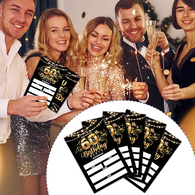 60th Birthday Invitations, Birthday Party Invitations For Women Men, 60 Year Old Birthday Invites, Black Gold Birthday Party Decorations Favors, 20 Invitations with 20 Envelopes - C04