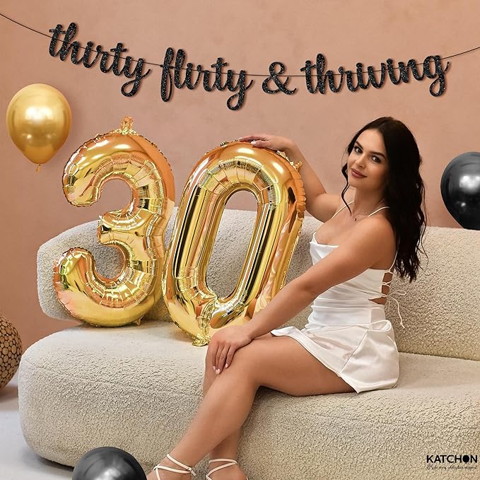 KatchOn, Glitter Thirty Flirty & Thriving Banner - 10 Feet | 30th Birthday Decorations for Her, Him | 30th Birthday Party Decorations for Women | Talk Thirty to Me banner, Black 30th Birthday Banner