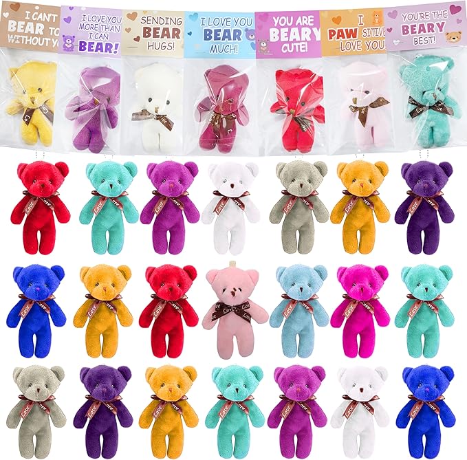 24 Pcs Valentines Gift Cards for Kids with Plush Bears Plush Toys Stuffed Animal Plush Toys for Kids Girls Boys Valentines Gifts Party Favors Classroom School Exchange Prize