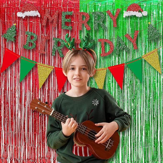 BRAVESHINE Tinsel Foil Fringe Curtains - 2 Pack 3.2 x 8.2 ft Metallic Photo Booth Streamer Backdrops for Birthdays Fiestas Melons Hawaiian Luau Tropical-Theme Christmas Party Decorations - Red Green