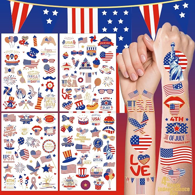 110Pcs 4th of July Temporary Tattoos, 4 Sheets Patriotic Party Face Body Decorations, USA Flag Independence Day 4th of July Temporary Tattoo Stickers for Kids Adults, Fourth of July Temporary Tattoos