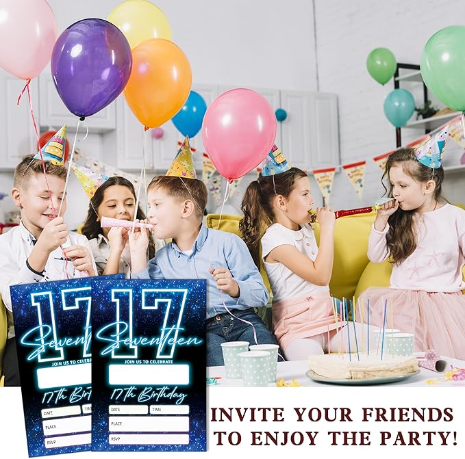 SIXEIGHT Blue 17th Birthday Invitations for Boys, Neon Glow Party Invitations for Girls Kids, 20 Pack Double Sided Invite Cards with Envelopes, 17th Glow Neon Birthday Party Decorations, 4x6 Inch-C50
