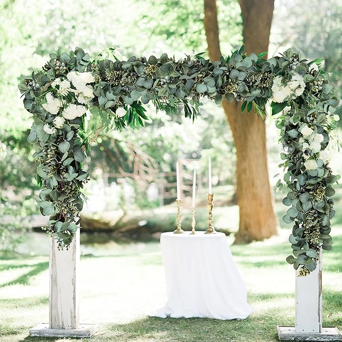 Ouddy Decor Eucalyptus Garland 6.56 Ft Lush Silver Dollar Leaves Boxwood Artificial Faux Greenery Vines for Baby Shower Wedding Party Table Runner Room Home Mantle Decor