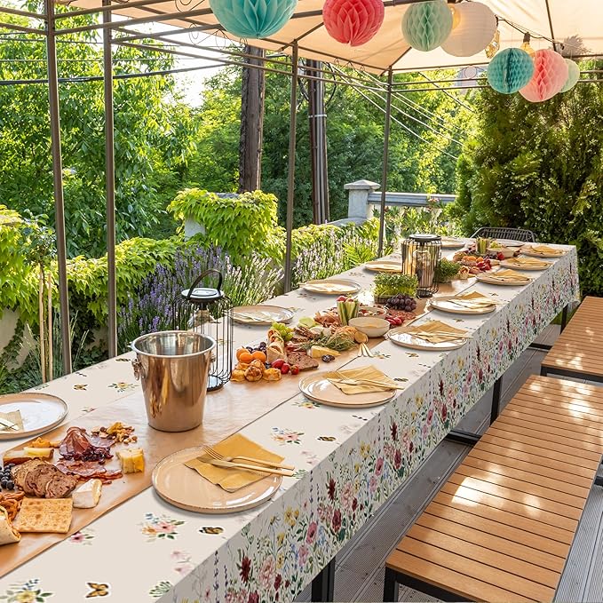 6 Pcs Spring Floral Tablecloth, Butterfly Wildflower Plastic Disposable Tablecloth Rectangle Table Covers for Easter, Birthday, Wedding, Mothers Day Tea Party Supplies and Decorations,54 x 108 Inch