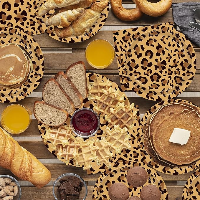 142PCS Leopard Print Party Decorations,Jungle Animal theme Decorations Include Tableware, Plate, Cup, Napkin, Cutlery, Animal Cheetah Print Birthday Party Supplies Serve 20