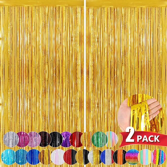 Gold Metallic Tinsel Foil Fringe Curtains, 2 Pack 3.3x8.3 Feet Party Streamer Curtains for Birthday Party Decorations, Halloween Decor, Foil Curtain Backdrop for Bachelorette Party