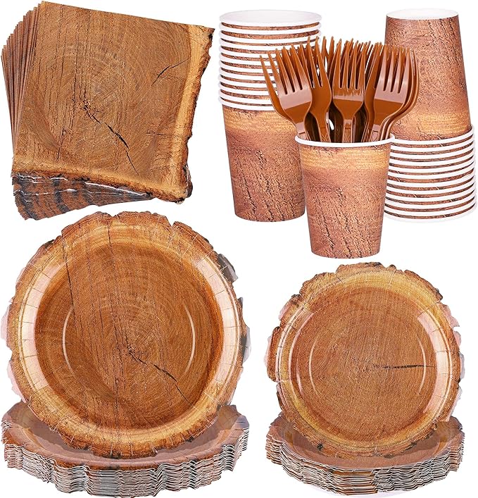 Kochorie 144 Pieces Camping Wood Grain Slice Tableware Sets Rustic Wood Party Decorations Paper Plates Napkins Cups Forks Serves 24 for Forest Themed Party Decorations Hunting Birthday Supplies