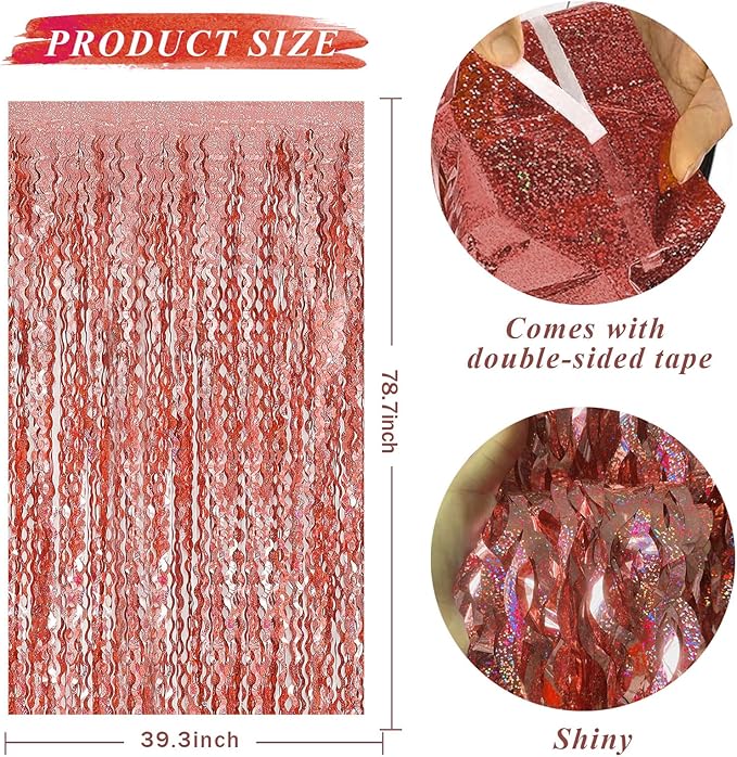 Rose Gold Tinsel Foil Fringe Curtains Wavy Backdrop for Parties Sparkle Metallic Wavy Foil Fringe Backdrop Curtain Photo Booth Props Birthday Graduation Wedding Bachelorette Party Decorations