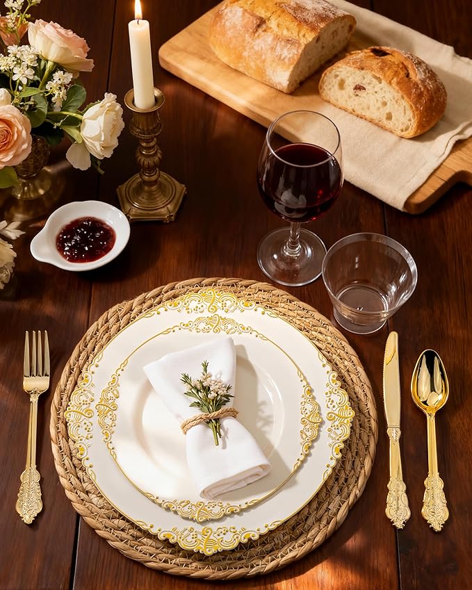 Nervure 350PCS Ivory Plastic Plates - Ivory Gold Plastic Dinnerware Sets for 50 Guests - 100 Gold Disposable Plates, 50 Pre Rolled Silverware Sets, 50 Cups Perfect for Wedding & Party