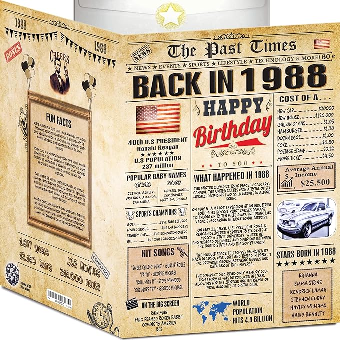 38th Birthday Card for Women Men - Back In 1988 Newspaper - 38 th Happy BIRTHDAY card - 38 birthday gift for Her Him - JUMBO size - 38th birthday decorations Dad Mom - Best gifts for 38 year old