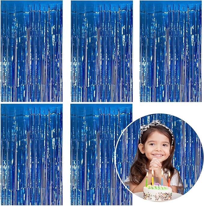 5 Pack Foil Curtain Backdrop Blue Metallic Tinsel Foil Fringe Curtains Photo Booth Props for Birthday Wedding Engagement Baby Shower Bachelorette Christmas Holiday Celebration Party Decorations