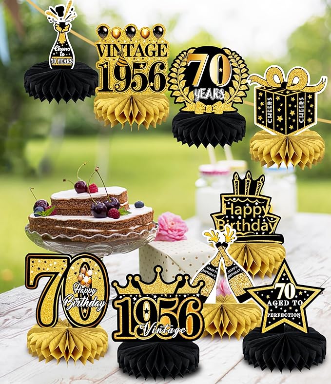 9 Pcs 70th Birthday Decoration for Men Women Happy 70th Birthday Honeycomb Centerpieces 70th Birthday Table Decorations Black and Gold Cheers to 70 Years Decor Birthday Party Favors